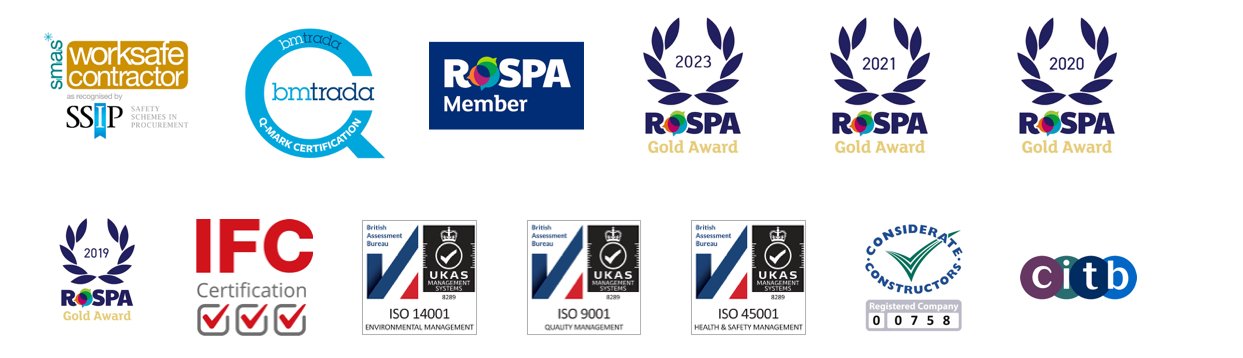 Accreditations - SMAS Worksafe, BM Trada, RoSPA Member, RoSPA Gold Awards, IFC Certification, ISO 14001, ISO 9001, ISO 45001, Considerate Constructors, CITB